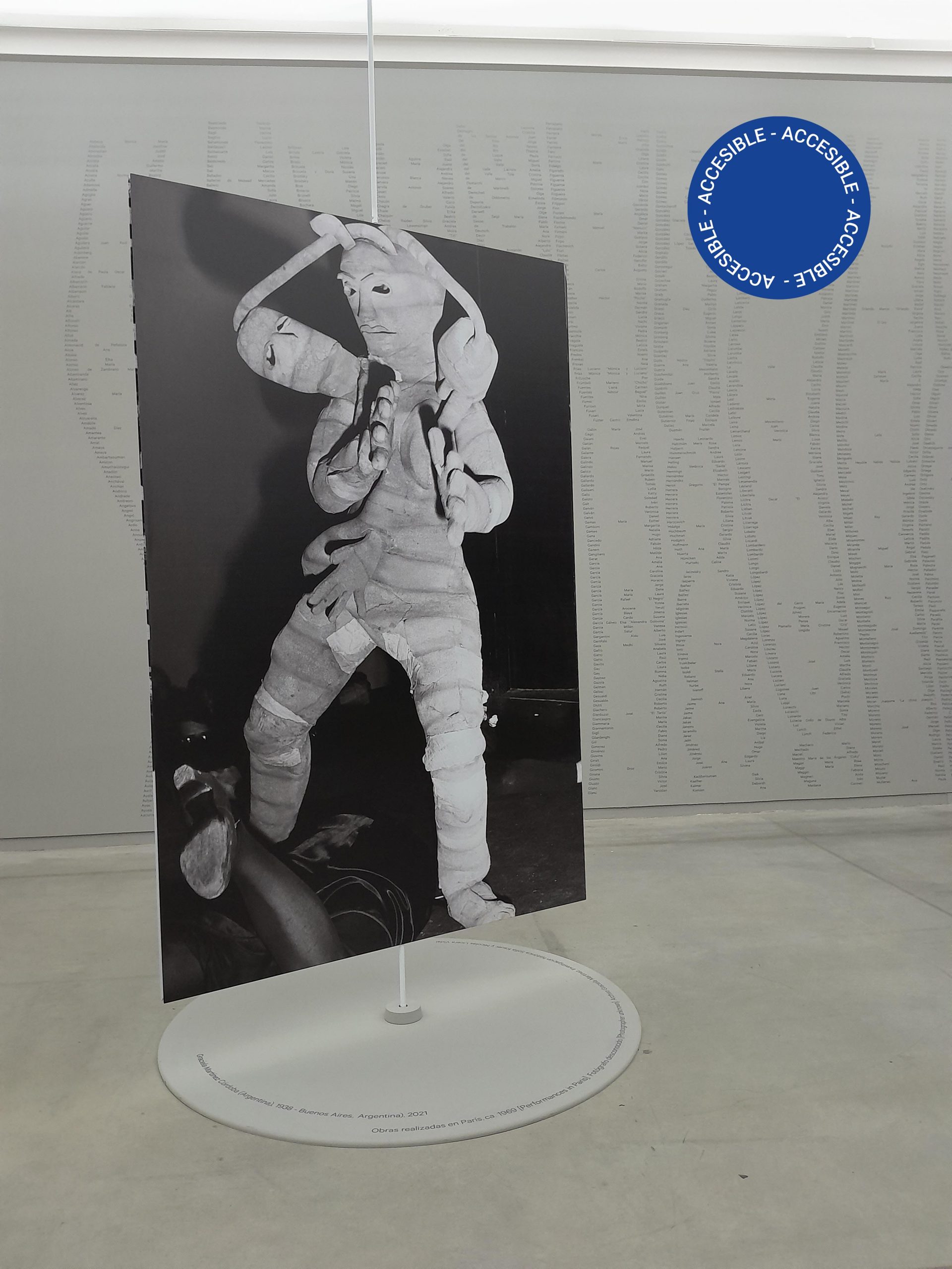 Imagen muestra el interior de la sala de la exposición Danza actual donde se ve un panel-soporte de una fotografía analógica blanco y negro de gran formato protagonizada por una figura vestida con un traje voluminoso de dos cabezas.