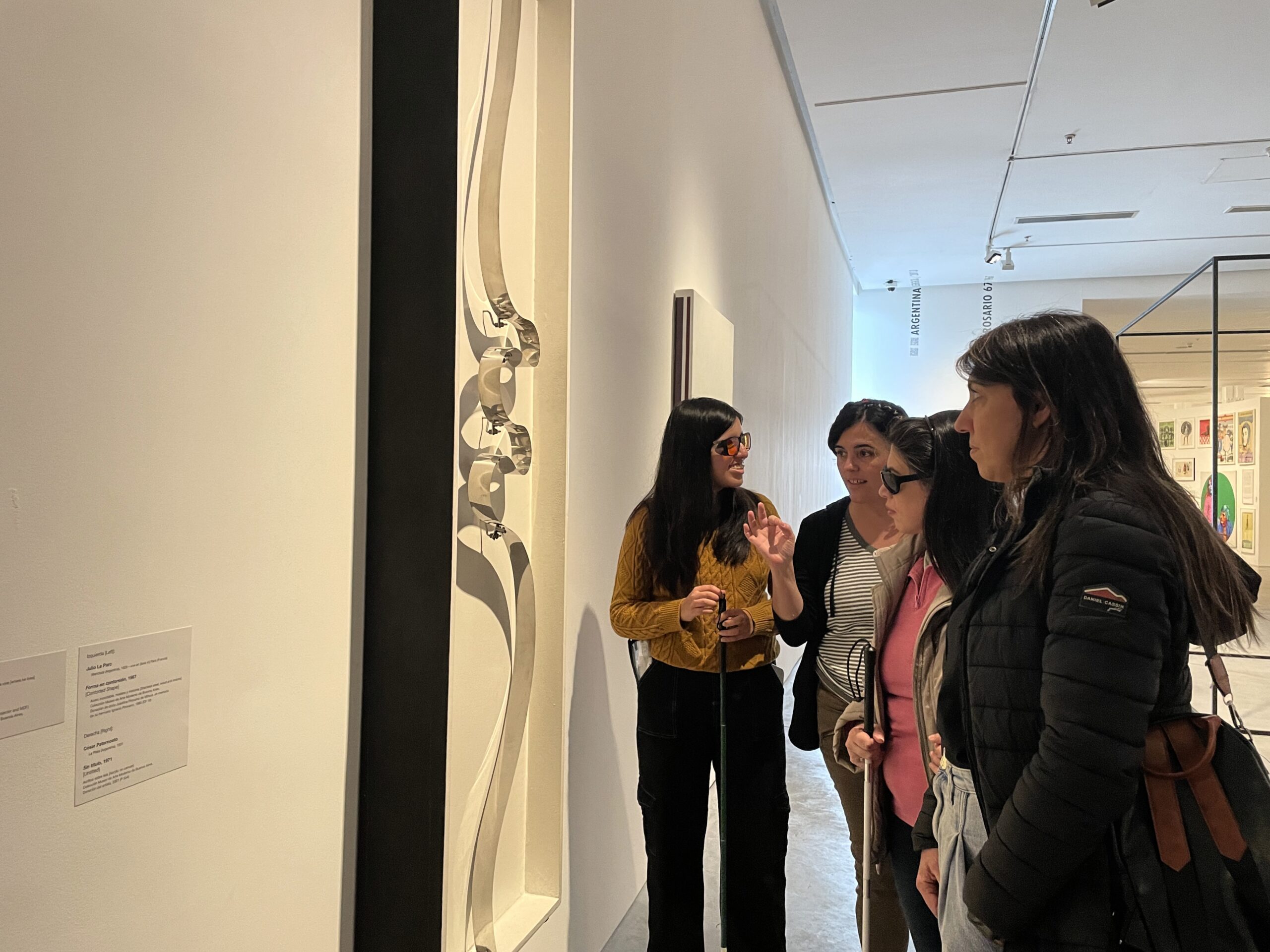 Fotografía muestra un grupo de personas reunidas frente a una obra de arte, una de ellas lleva bastón blanco y otra bastón verde.