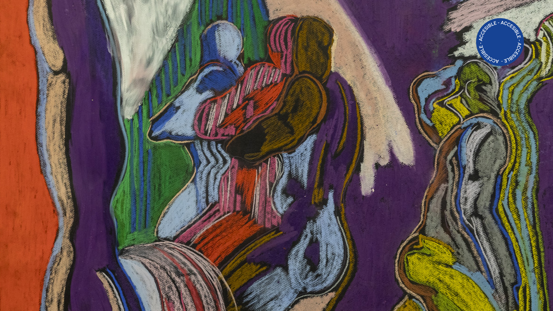 La imagen muestra gestos de color sobre fondo negro, realizados con pastel tiza. La fotografía es un fragmento de la pintura de Valentina Quintero, en la cual se pueden advertir algunas figuras en movimiento.