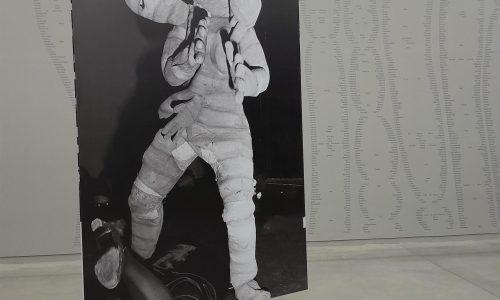 Imagen muestra el interior de la sala de la exposición Danza actual donde se ve un panel-soporte de una fotografía analógica blanco y negro de gran formato protagonizada por una figura vestida con un traje voluminoso de dos cabezas.